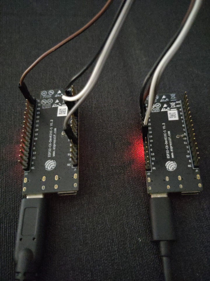 ESP32-C6-DevKitC-1 development boards wired for SDIO in SPI mode tests. Left: SPI host, Right: SDIO device ESP32-C6-DevKitC-1 development boards wired for SDIO in SPI mode tests. Left: SPI host, Right: SDIO device